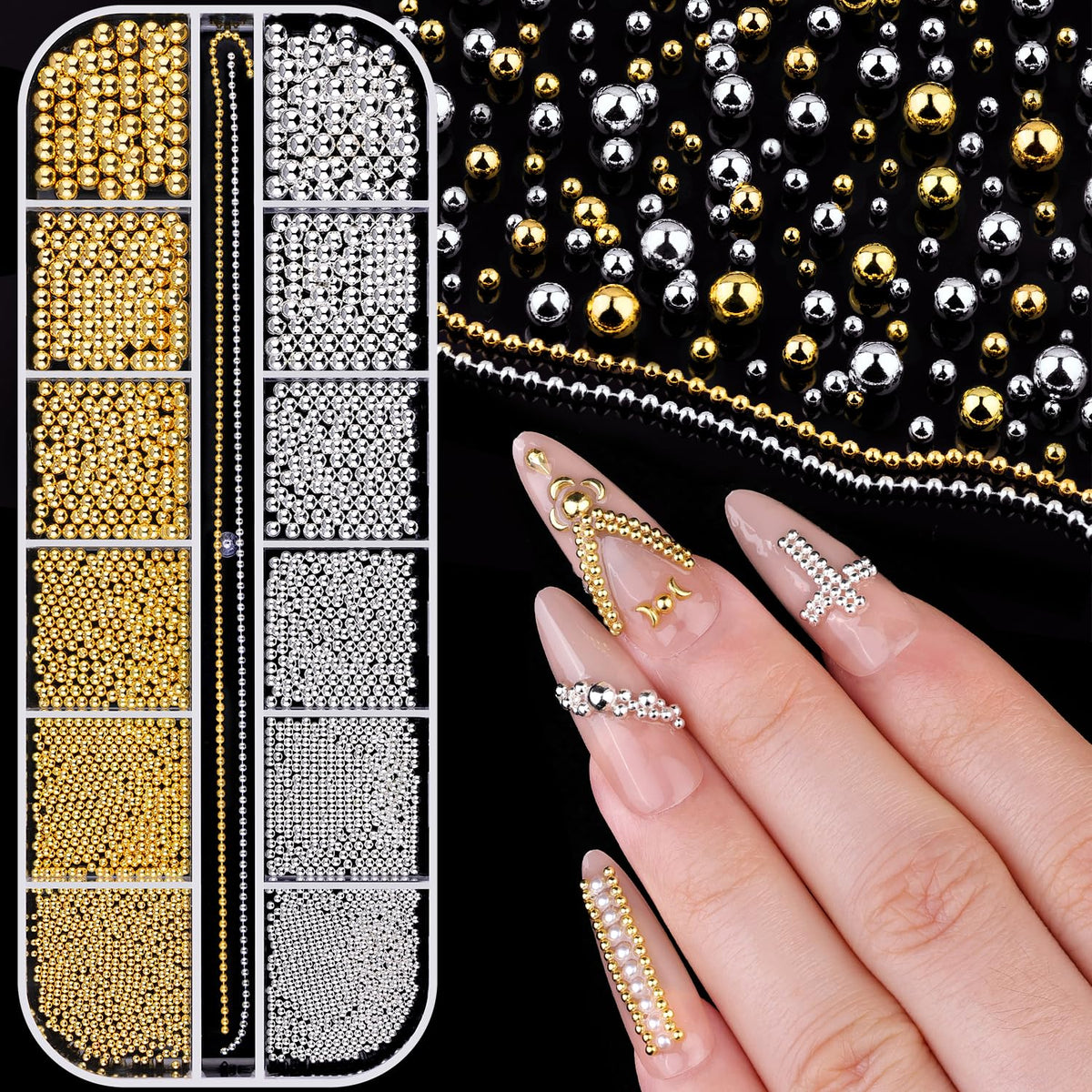 BELLEBOOST nail beads in silver and gold grid close-up for sparkling nail art