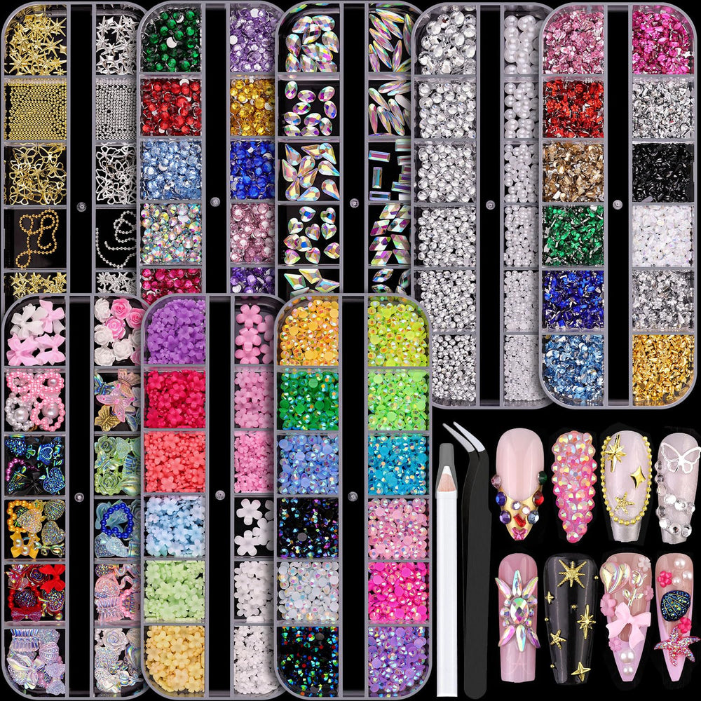 BELLEBOOST nail charms box with flatback pearls and clear rhinestones for nails