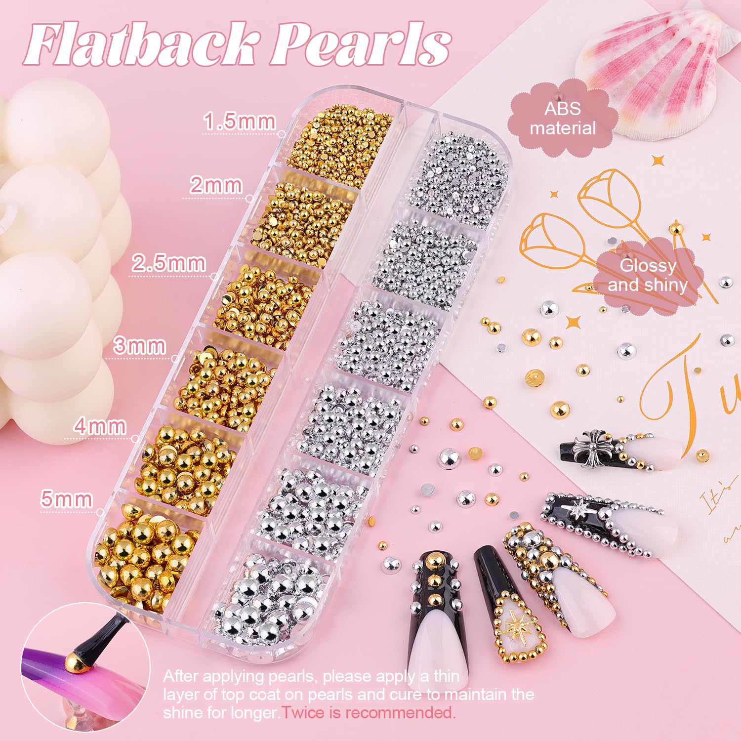BELLEBOOST perlas de media luna planas beige, tono neutro para uñas naturales.