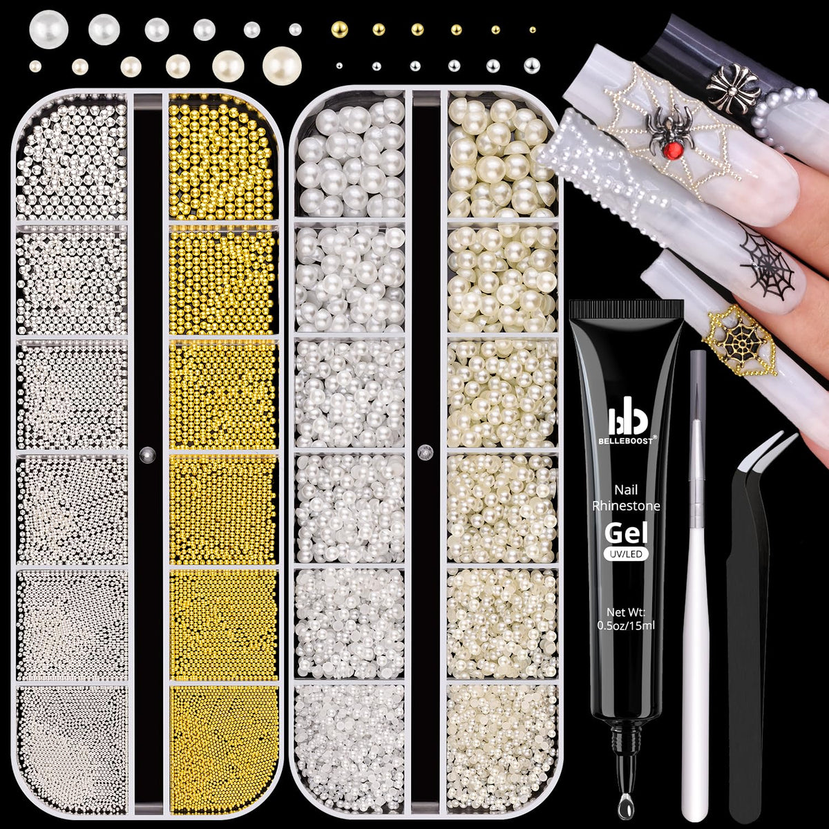 BELLEBOOST perlas traseras planas blancas y beige para un brillo elegante en uñas