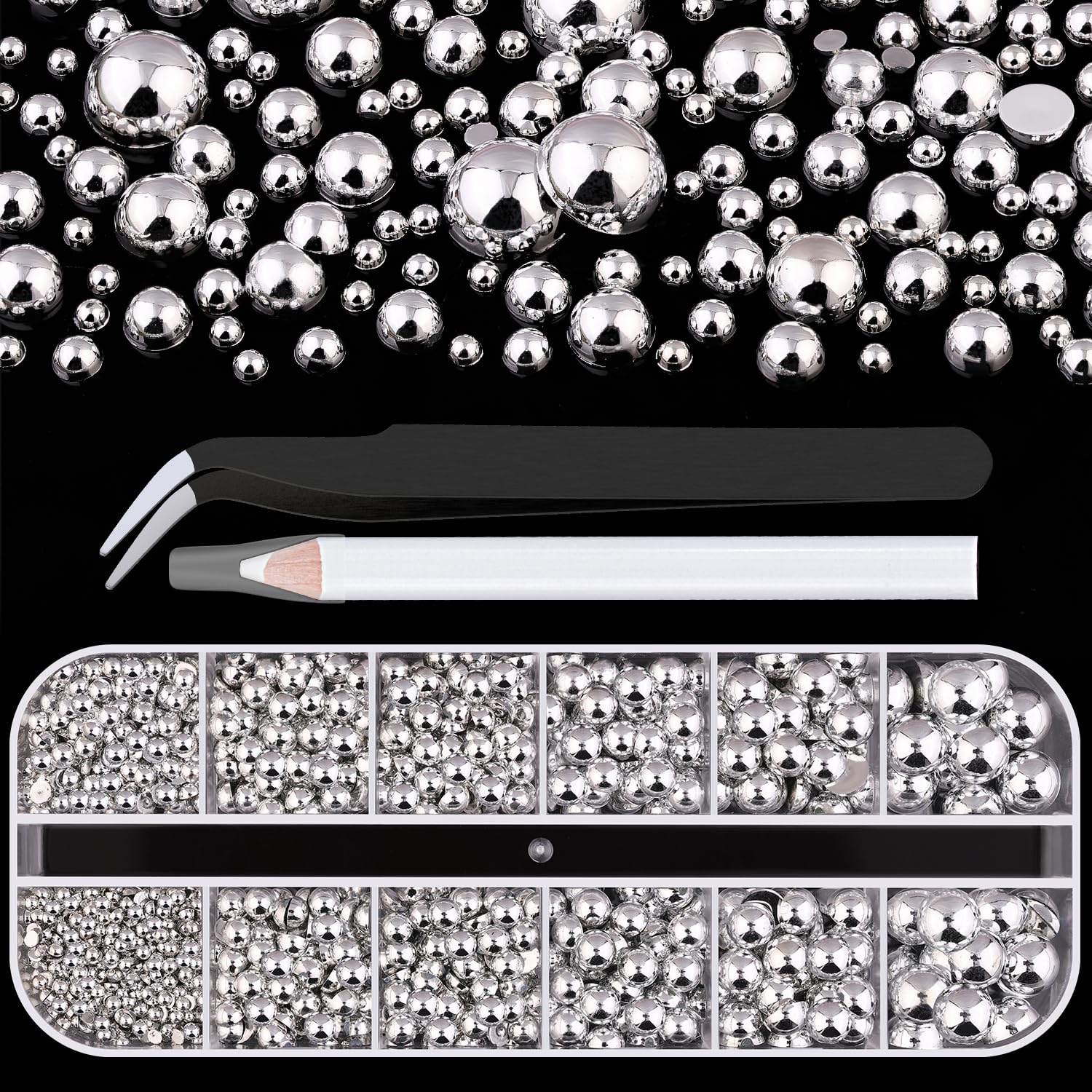 BELLEBOOST silver nail charms in a box with half-round pearls for precise nail art.
