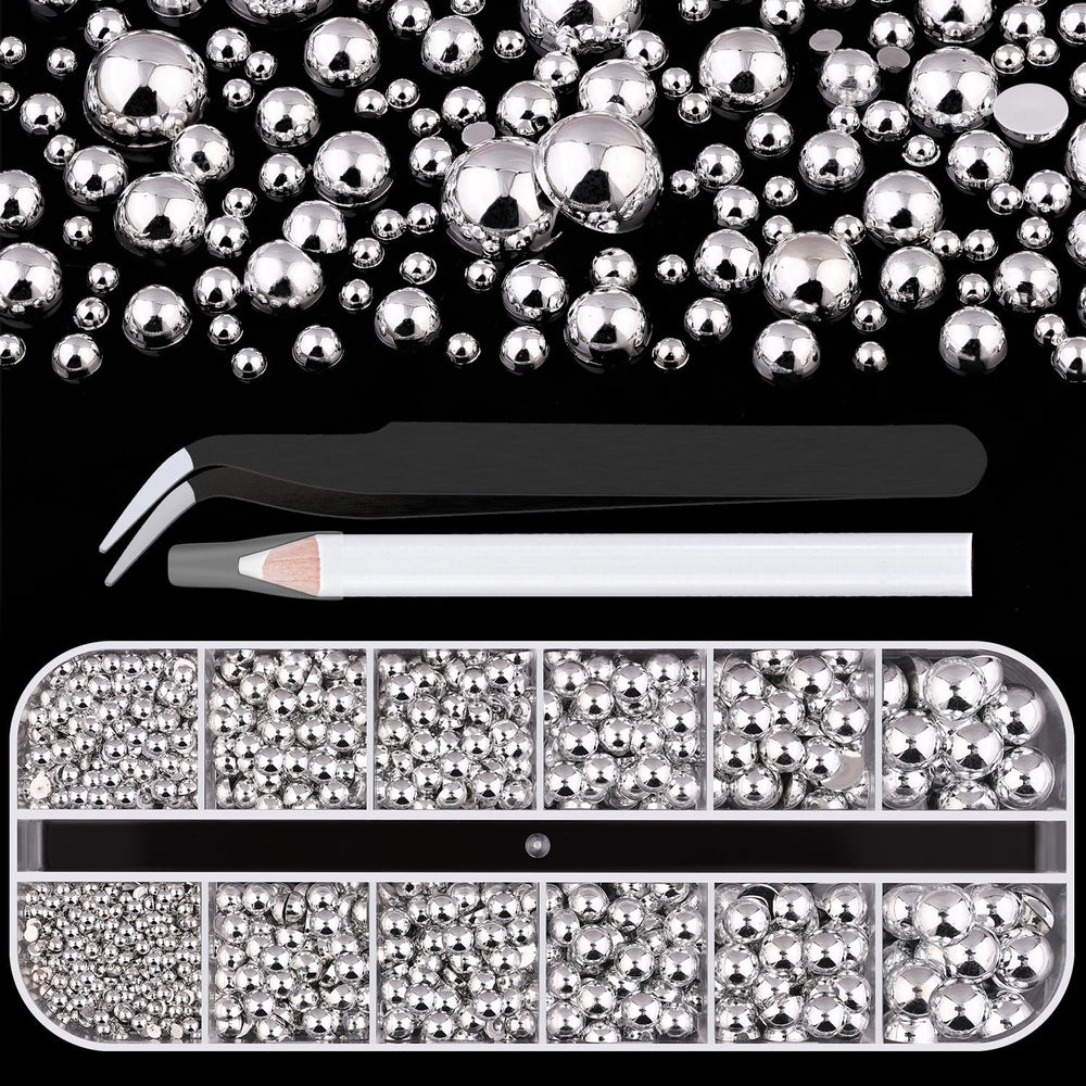BELLEBOOST silver nail charms in a box with half-round pearls for precise nail art.