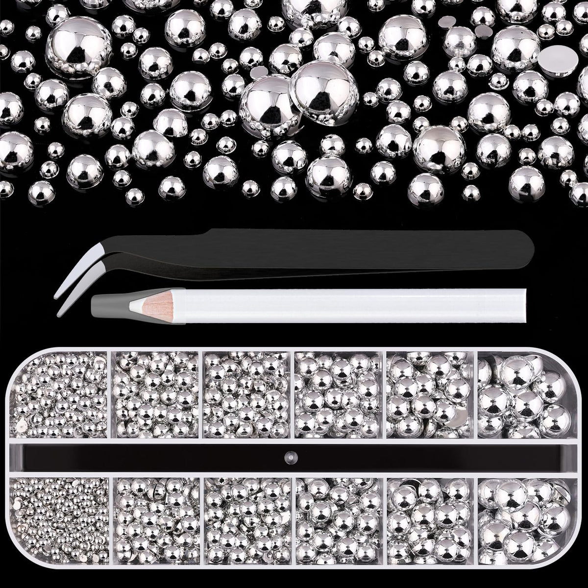 BELLEBOOST silver nail charms in a box with half-round pearls for precise nail art.