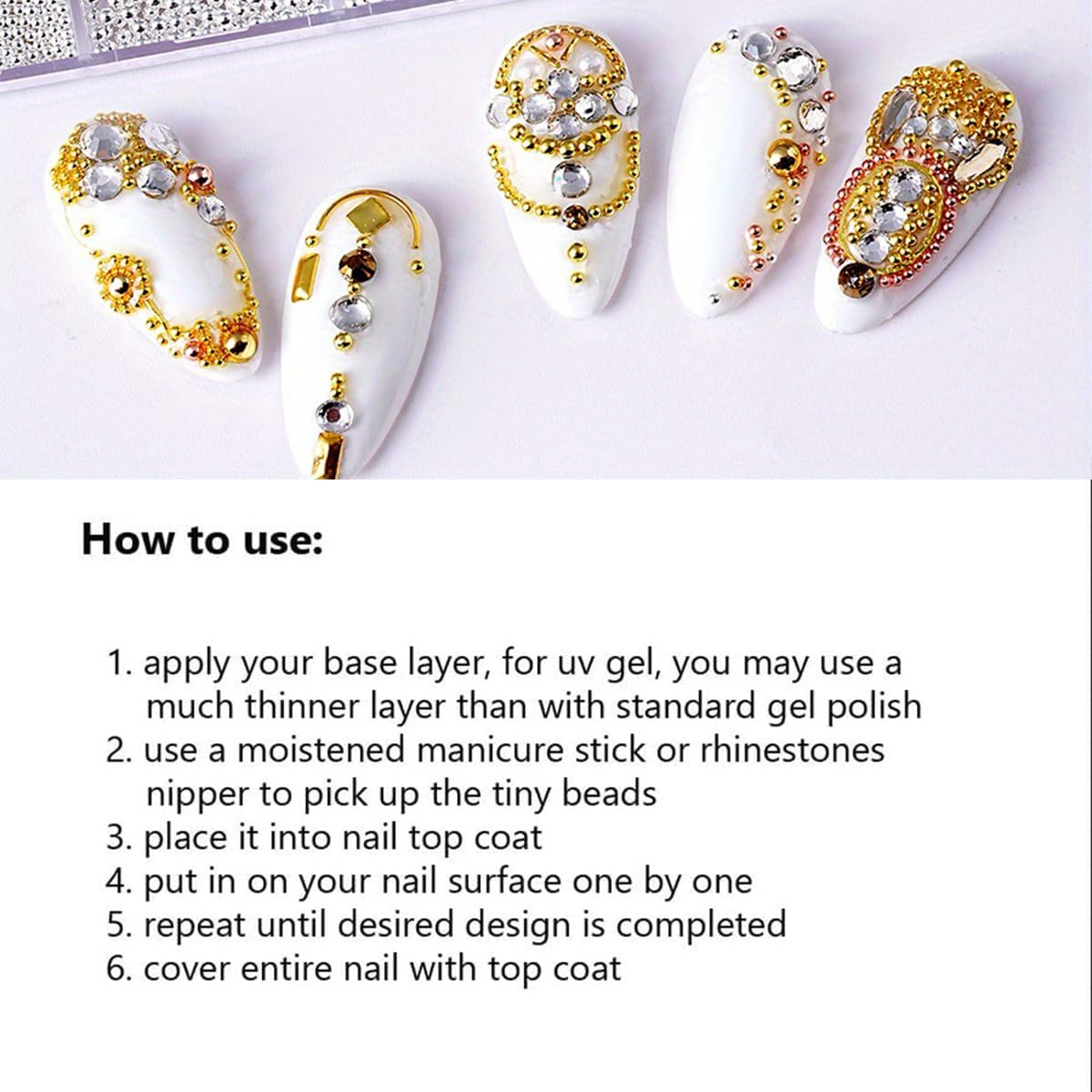 Bellecrey gold nail charms 3mm beads for dramatic designs.