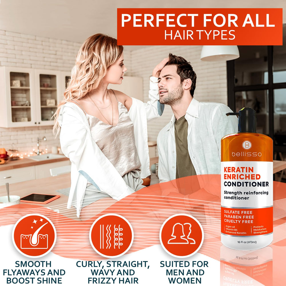 Bellisso Acondicionador de Keratina, uso diario para cabello liso, rizado o con frizz