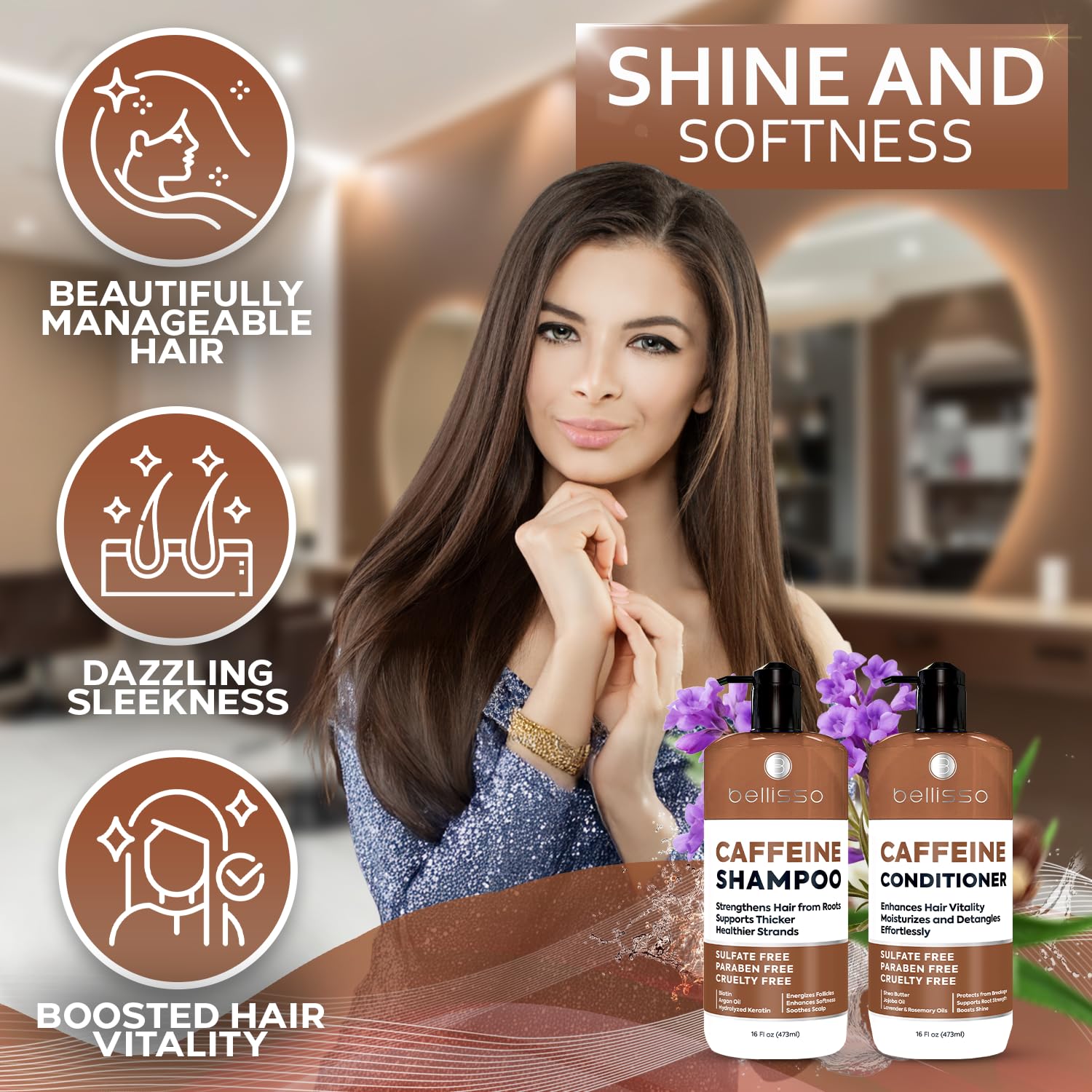 Bellisso aplicación cafeína, cabello levantado desde la raíz para más cuerpo.
