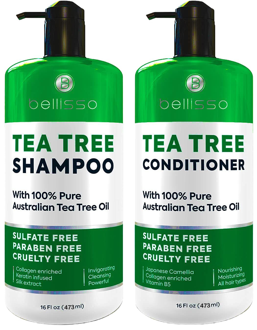 Bellisso árbol de té champú botella: limpieza suave para cuero cabelludo sensible.