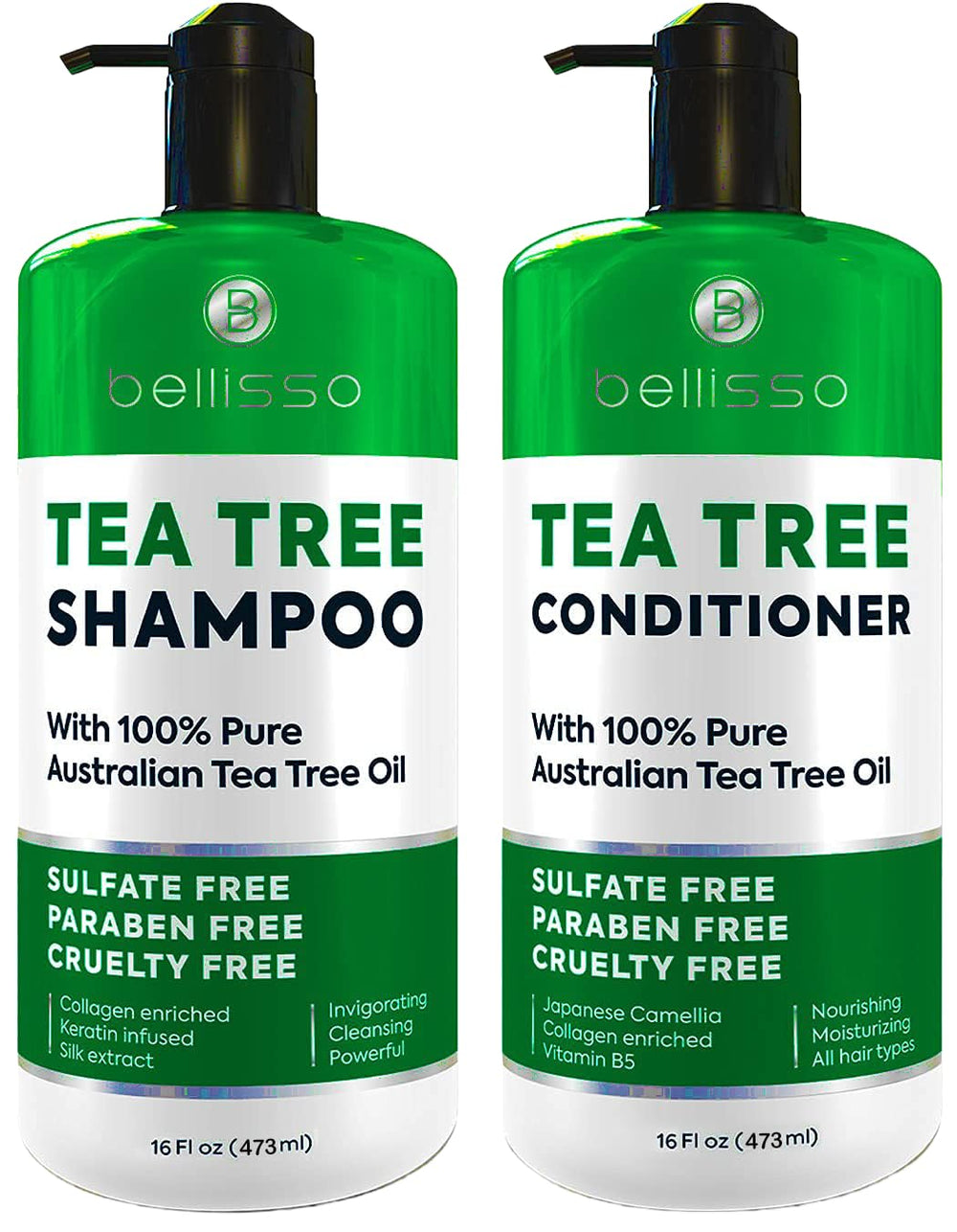 Bellisso árbol de té champú botella: limpieza suave para cuero cabelludo sensible.