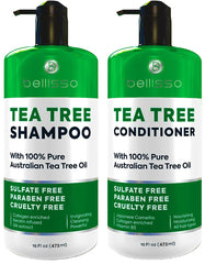 Bellisso árbol de té champú botella: limpieza suave para cuero cabelludo sensible.