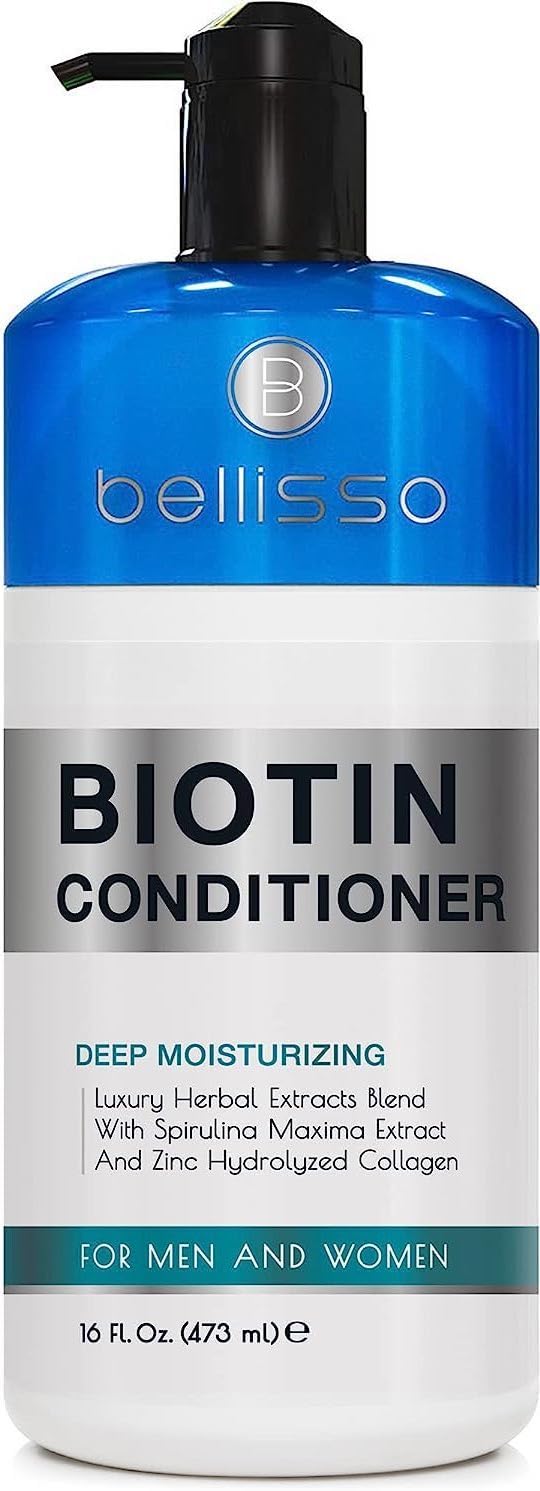 Bellisso Biotin Conditioner bottle with pump for easy application.