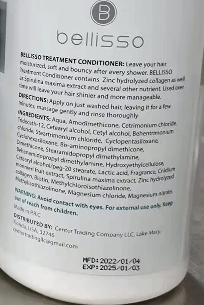 Full Bellisso conditioner tube visible in a bathroom setting.