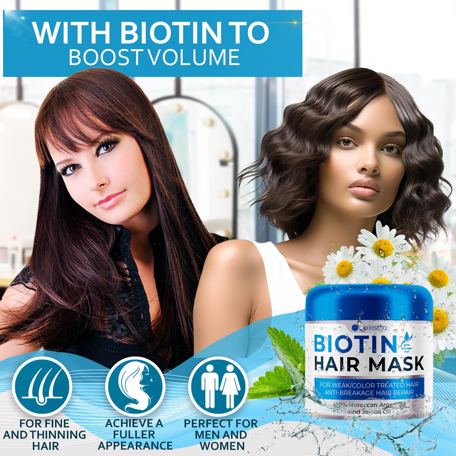 Mascarilla de biotina Bellisso, textura cremosa para cuidado suave del cabello.