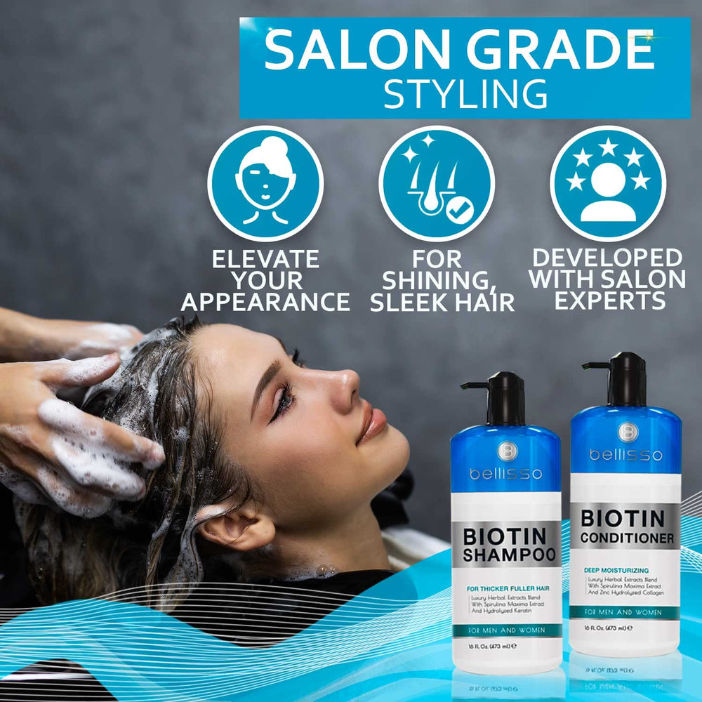 Bellisso biotin shampoo application in hand showing creamy lather and easy rinse.