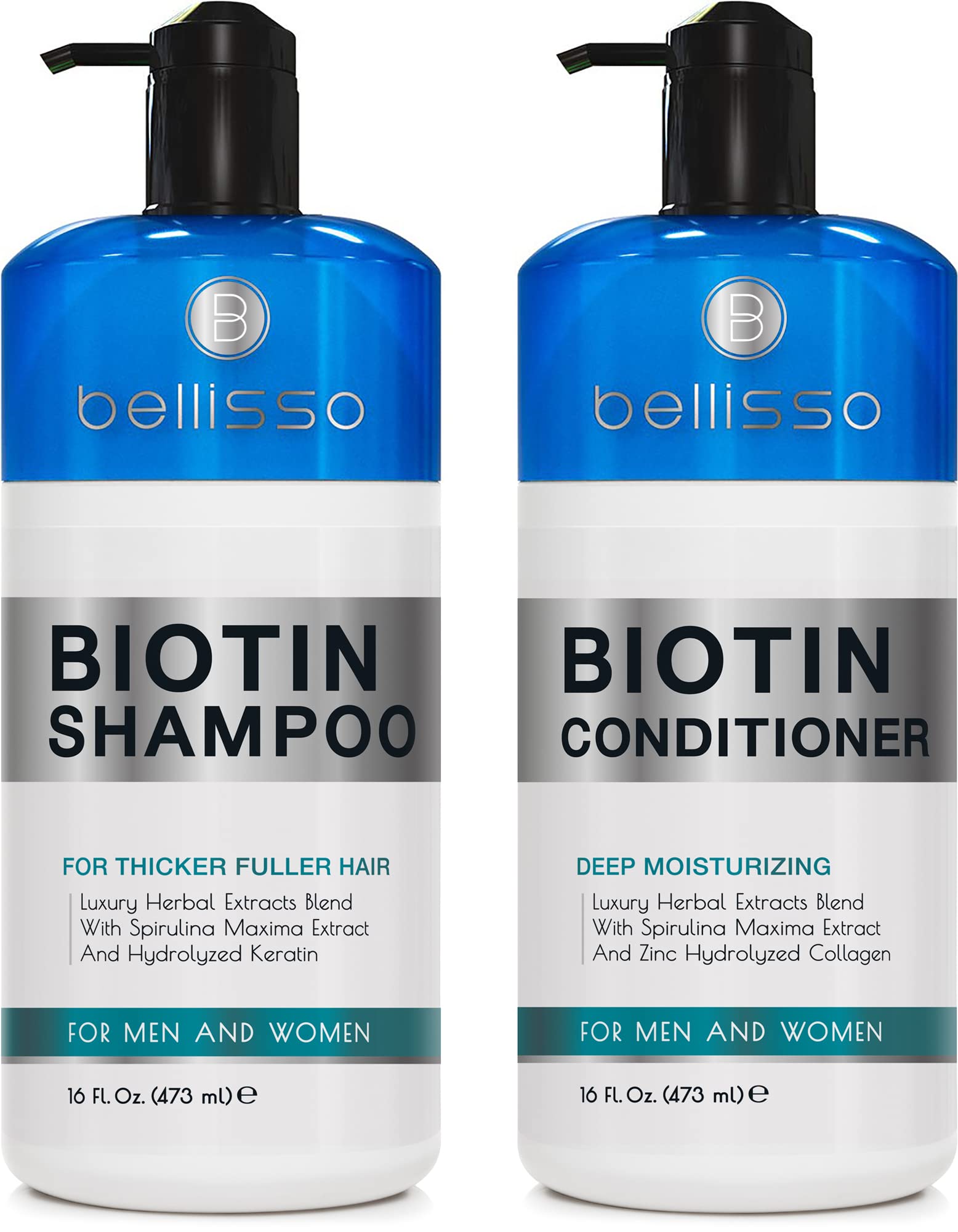 Bellisso biotin shampoo bottle front view highlighting thickening formula for fuller hair.