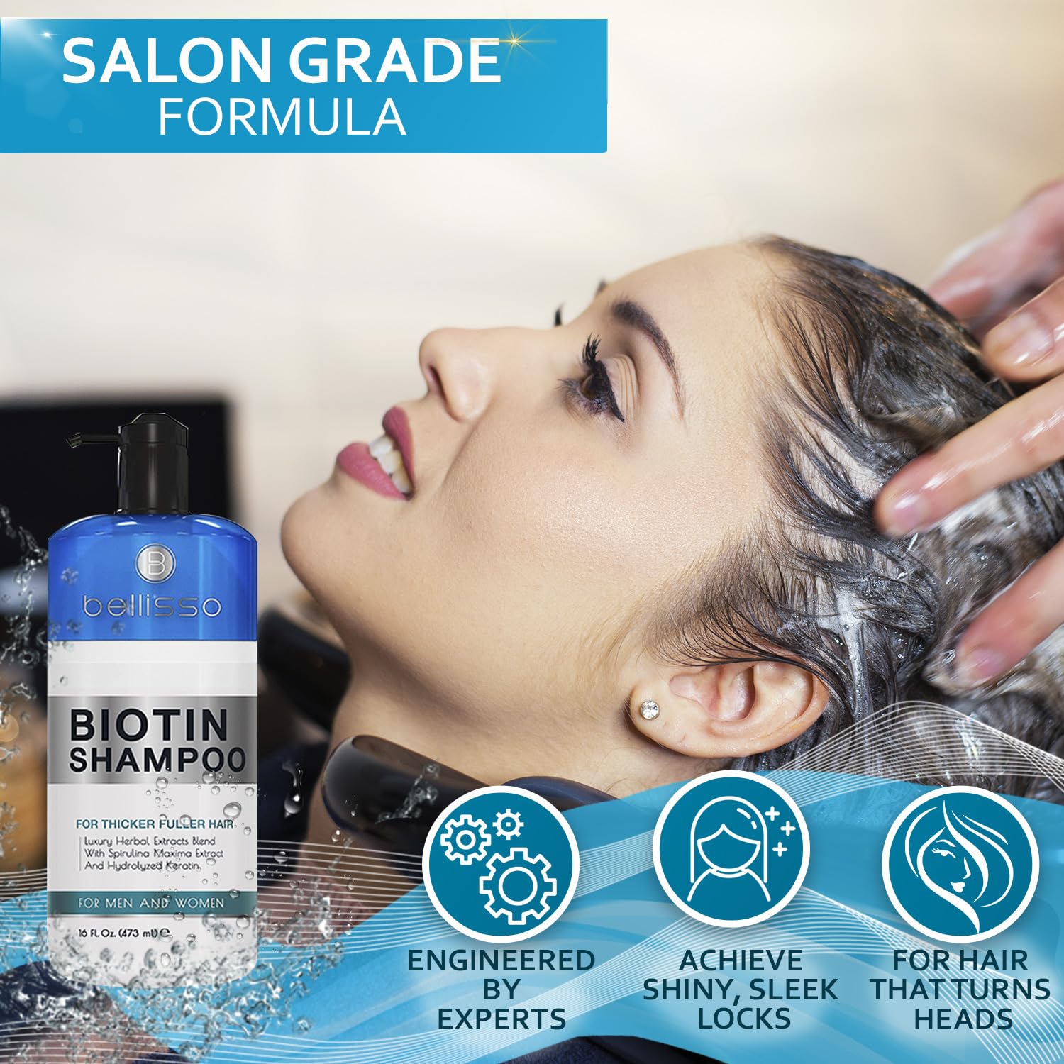 Bellisso Biotin Shampoo on hair strands, hinting at thicker texture