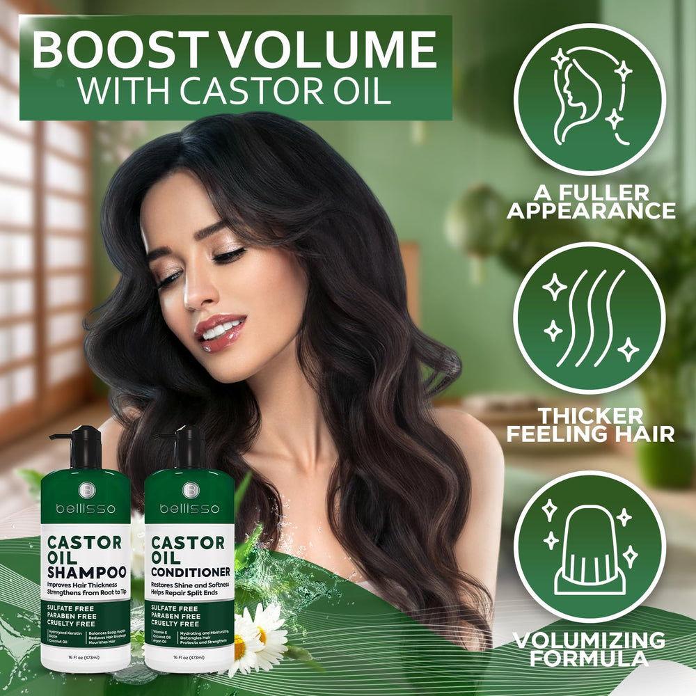 Bellisso castor oil conditioner bottle supports detangling and smoothing hair.
