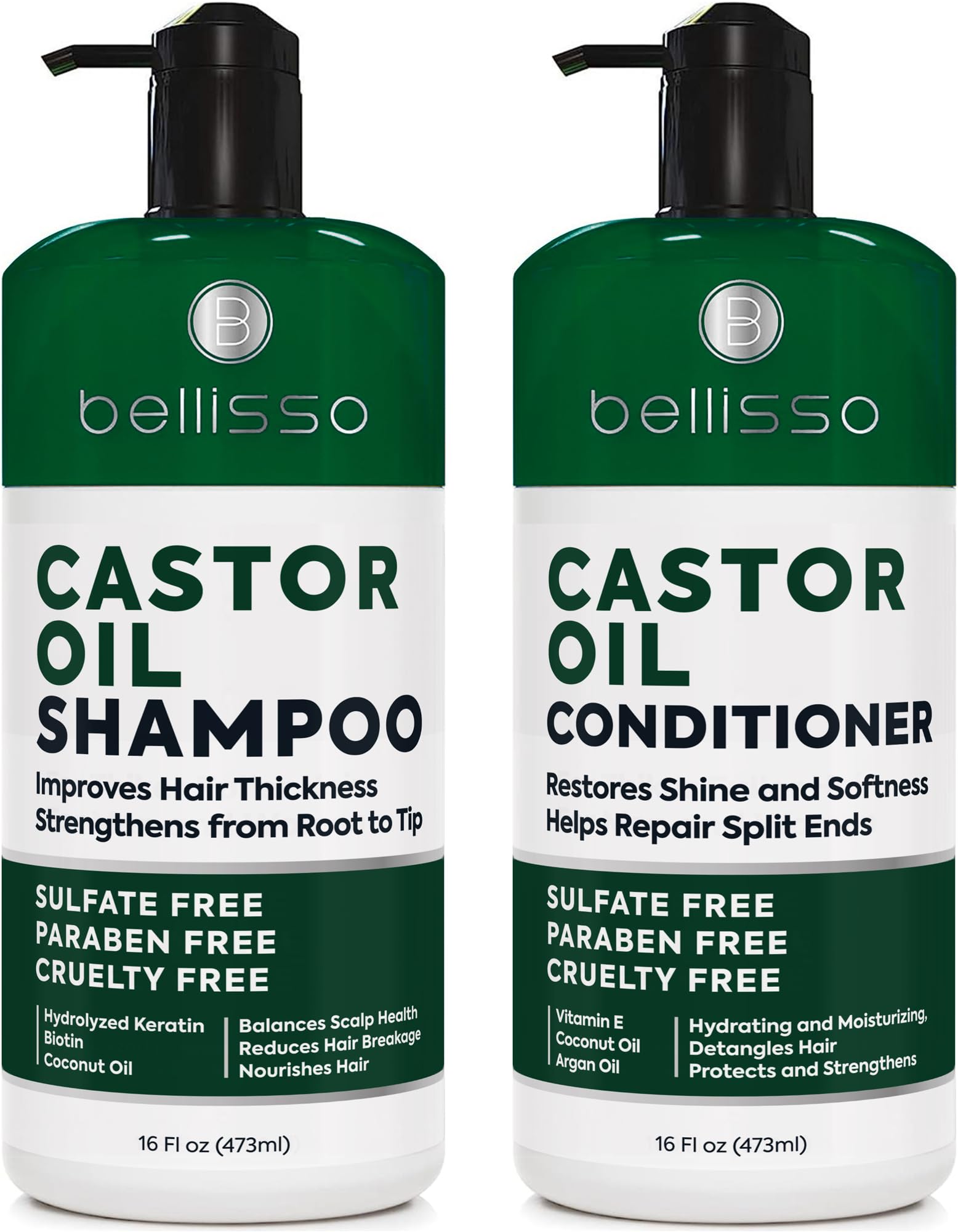 Bellisso castor oil shampoo bottle promotes volume and gentle cleansing.