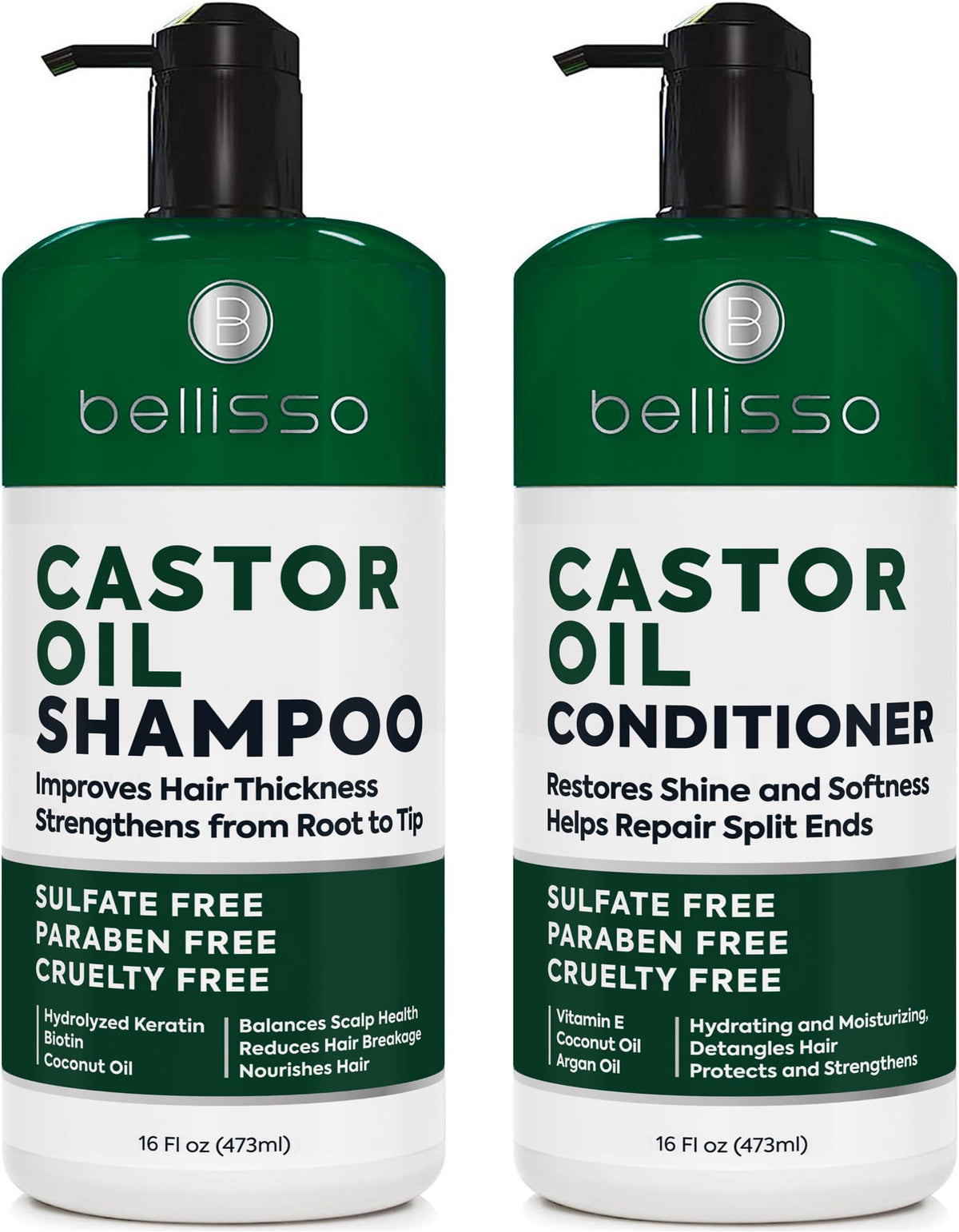 Bellisso castor oil shampoo bottle promotes volume and gentle cleansing.
