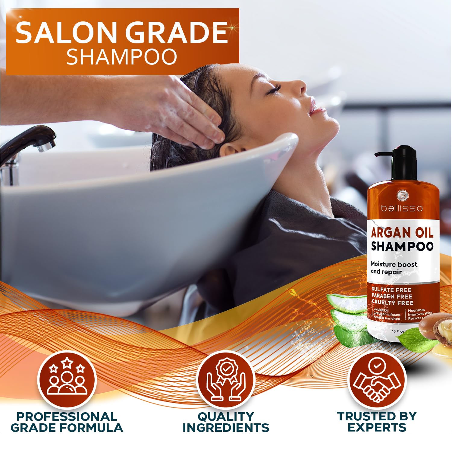 Bellisso Champú Argán: cabello hidratado y suave, ideal para cabellos secos.