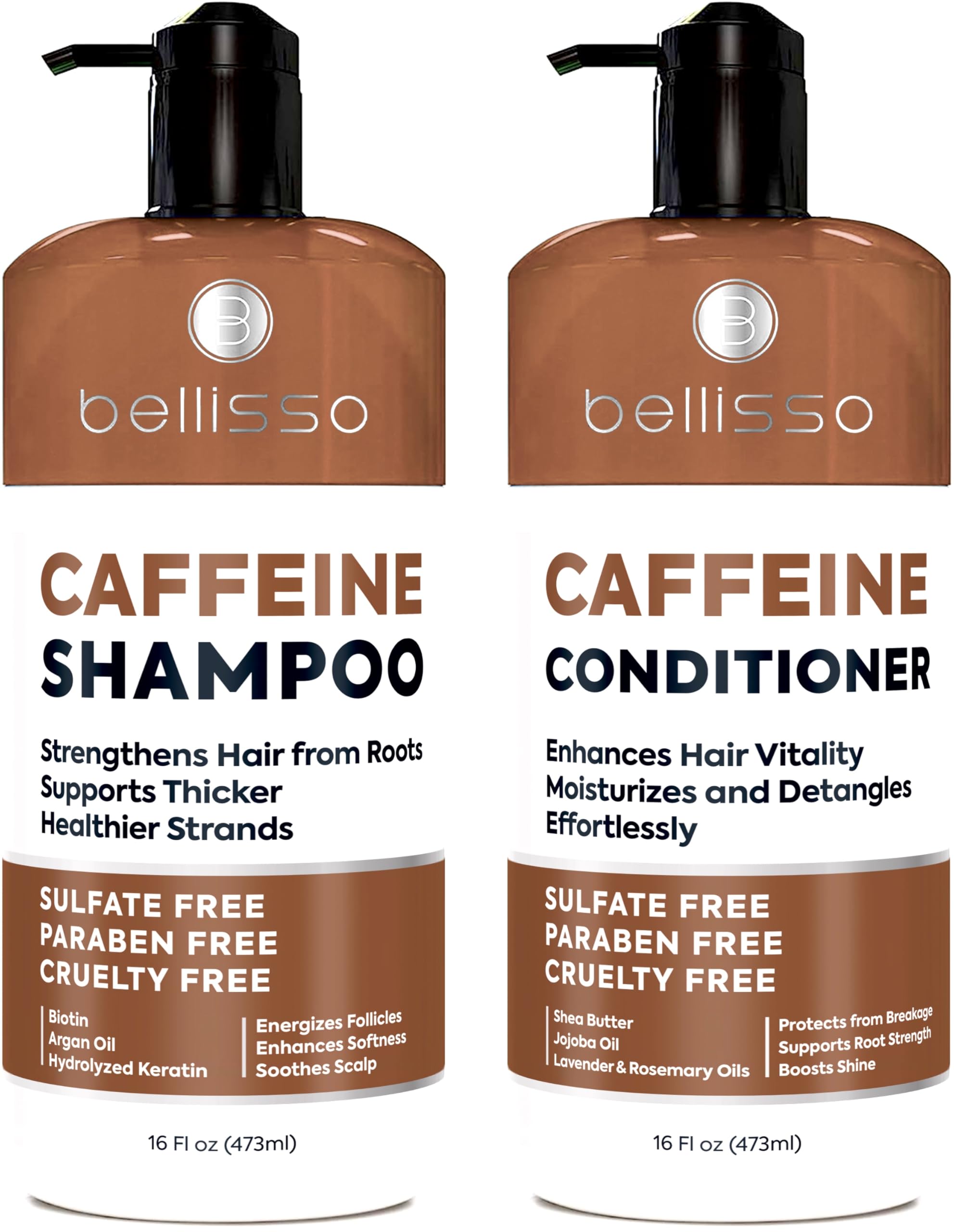 Bellisso champú cafeína en botella, volumen visible para cabello fino.