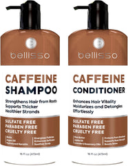 Bellisso champú cafeína en botella, volumen visible para cabello fino.