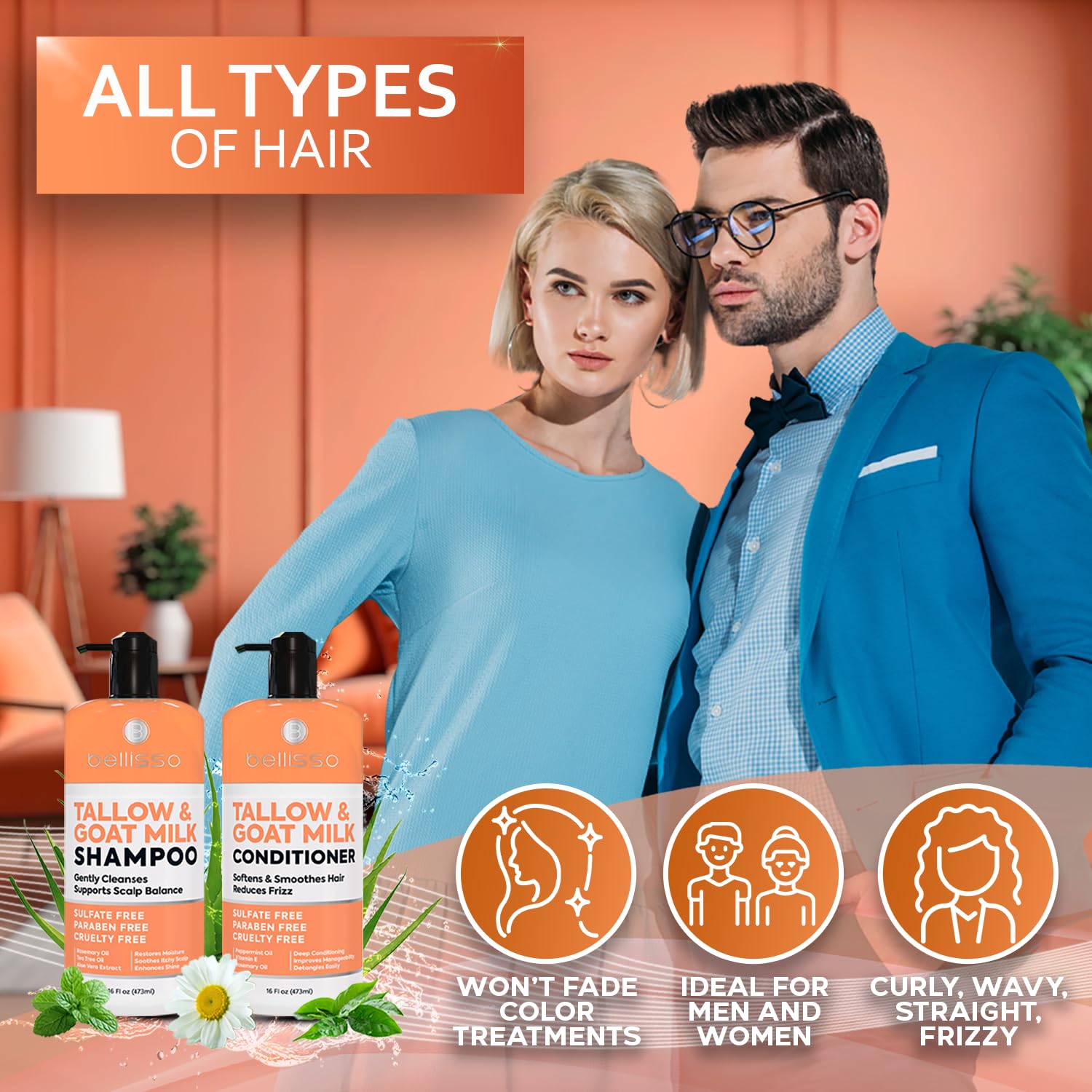 Bellisso color-safe shampoo bottle preserves color while nourishing hair.