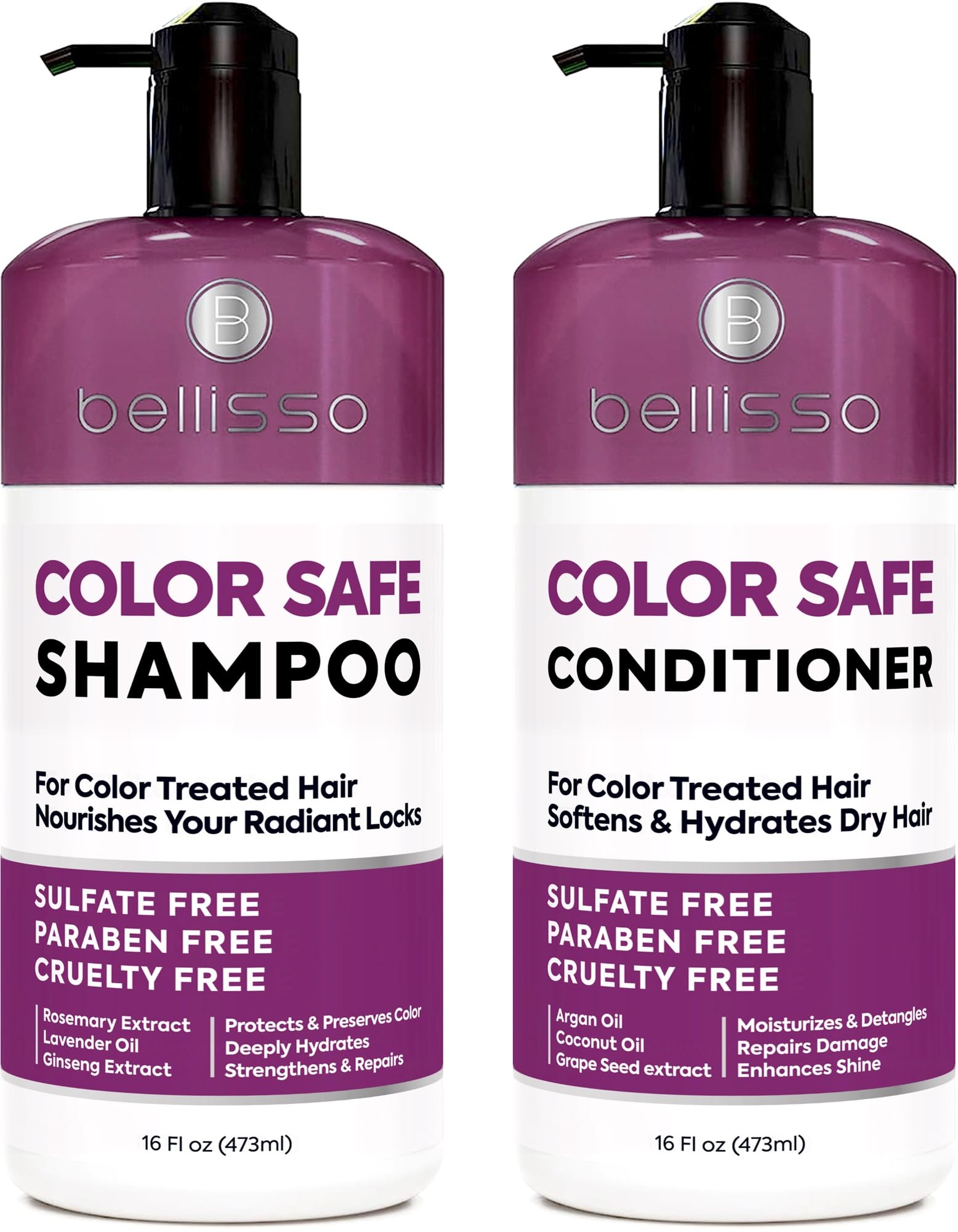 Bellisso color-safe shampoo bottle showcases vibrant color protection for everyday use.
