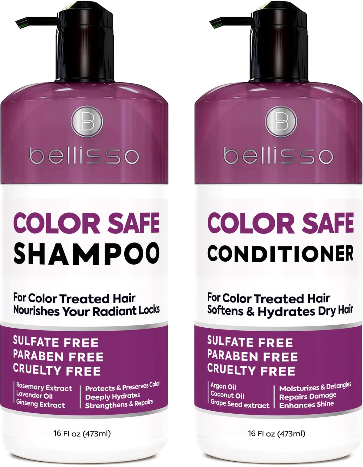 Bellisso color-safe shampoo bottle showcases vibrant color protection for everyday use.