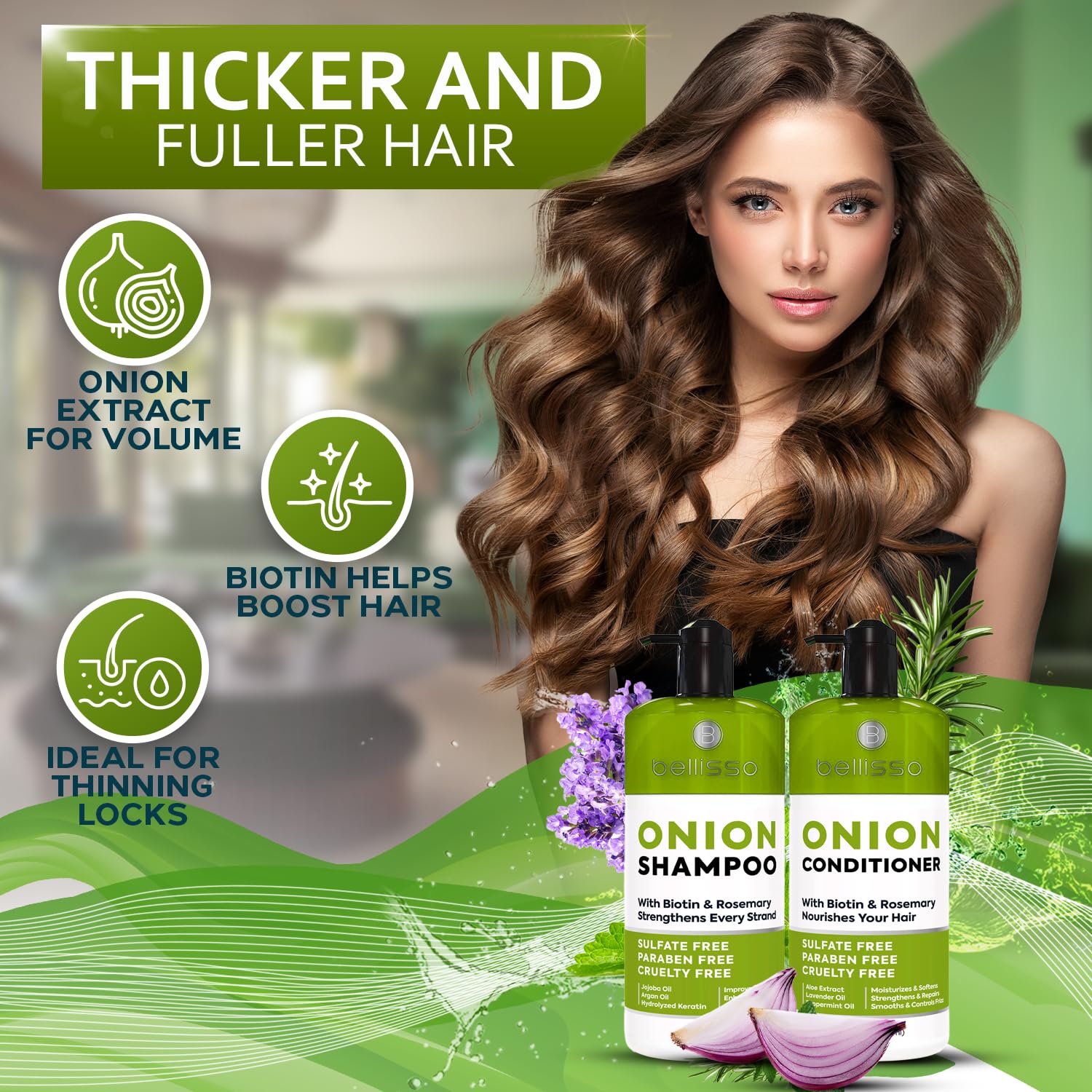 Bellisso Onion Conditioner bottle with rosemary for hydrated, healthy feel