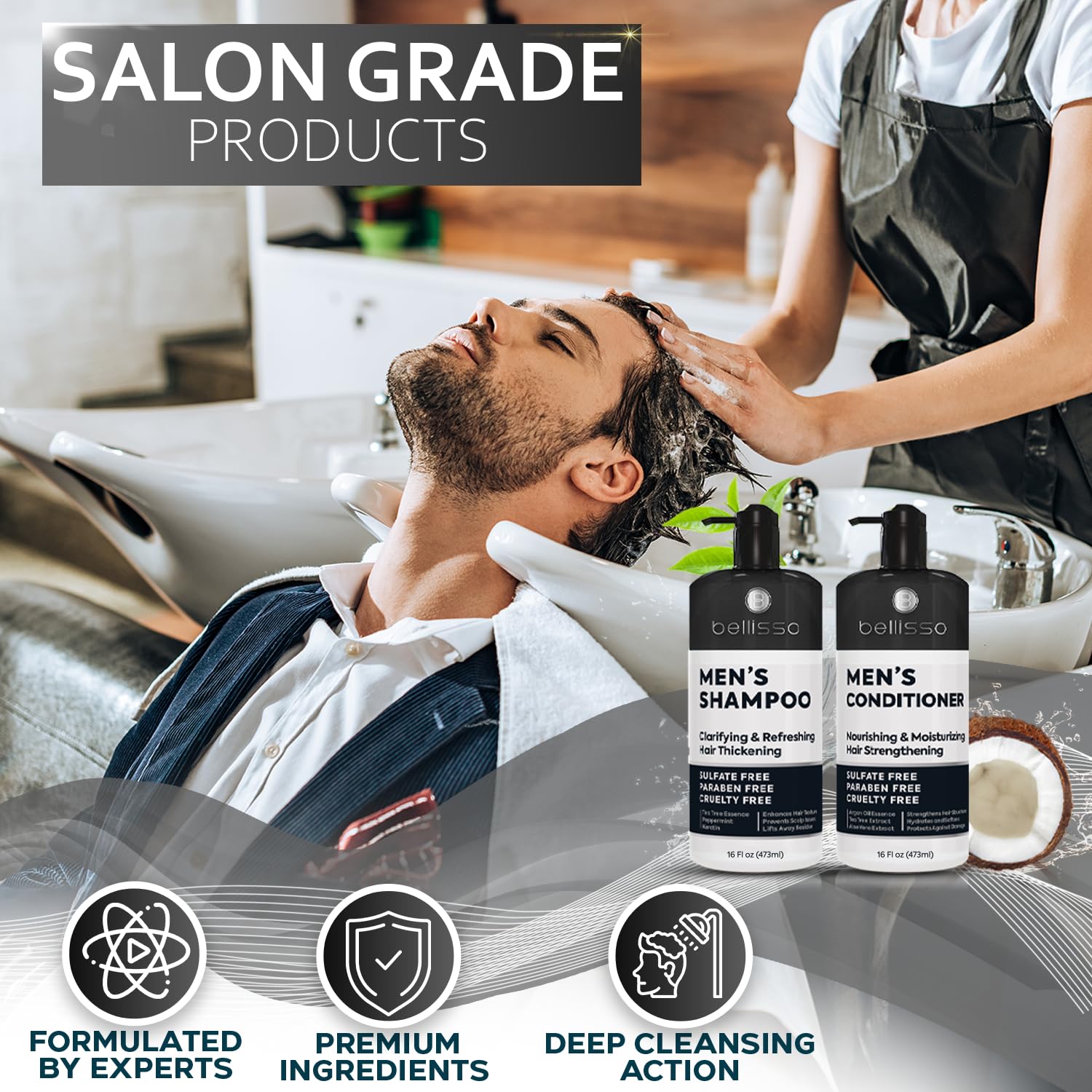 Bellisso dandruff-fighting formula in action, cooling scalp soothing ingredients.