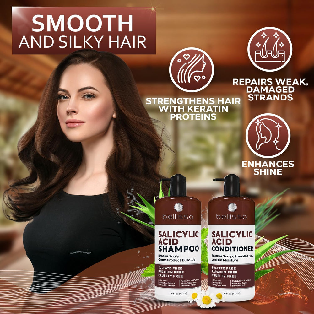 Bellisso hair care set on shelf for anti-dandruff routine.