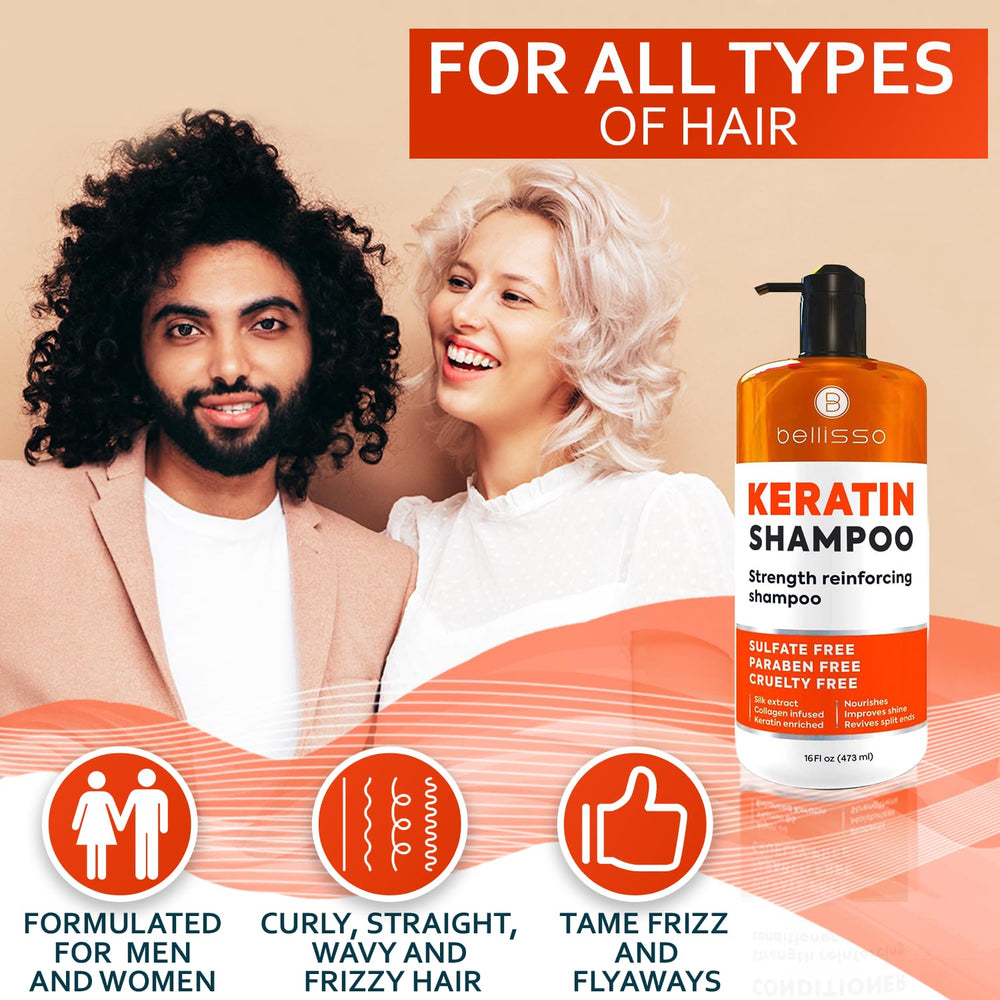 Bellisso Keratin Champú, control del encrespamiento para un peinado más liso.