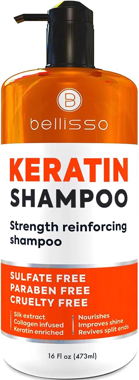 Bellisso Keratin Champú, botella vertida, limpieza suave y reparación del cabello.