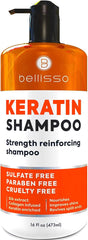 Bellisso Keratin Champú, botella vertida, limpieza suave y reparación del cabello.