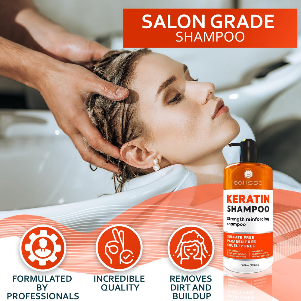 Bellisso Keratin Champú, cabello teñido protegido y lavado suave para color duradero.
