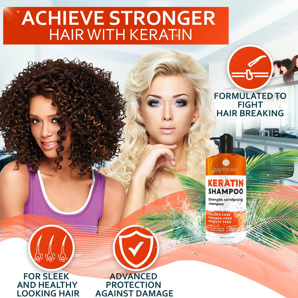 Bellisso Keratin Champú, espuma densa para una limpieza eficaz sin resecar.