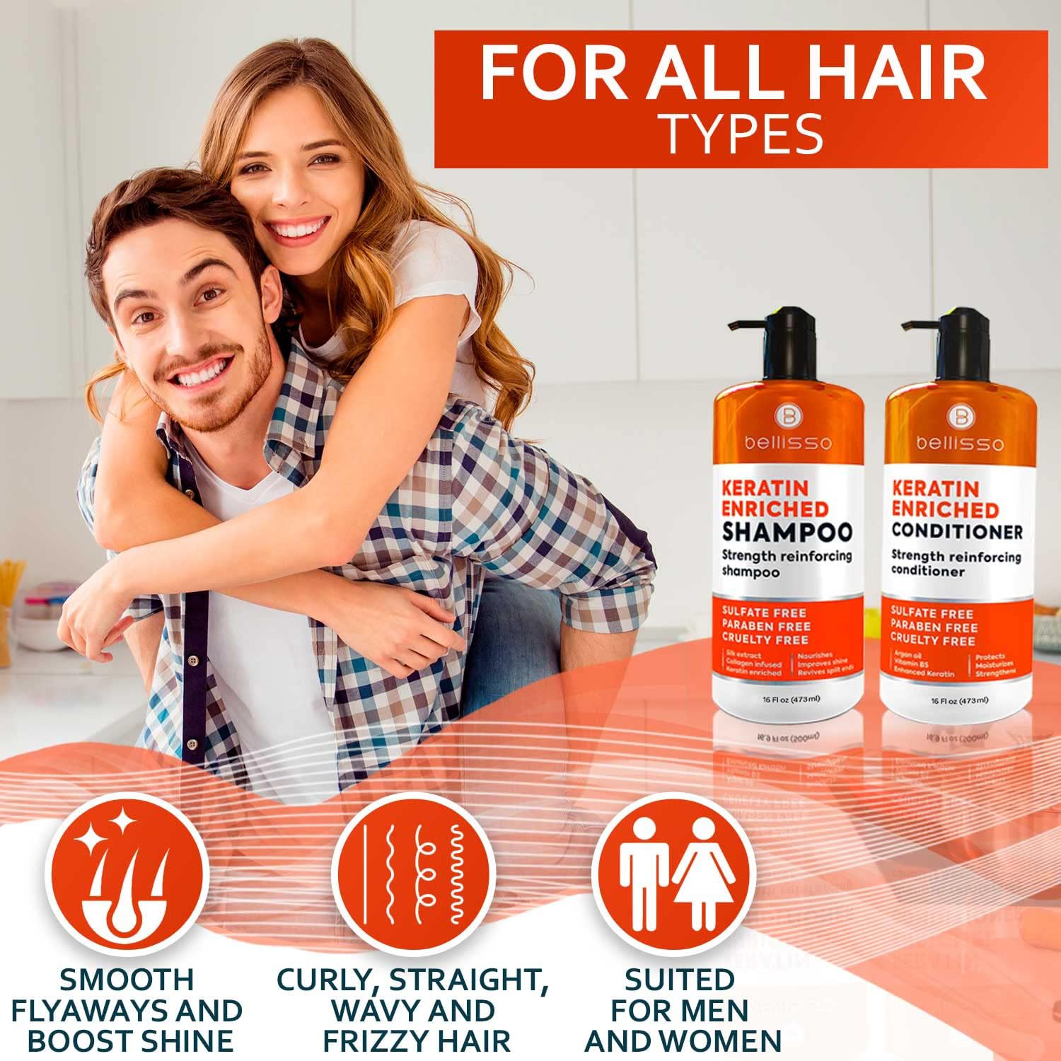 Cabello sano y renovado con Bellisso Keratina cada lavado.