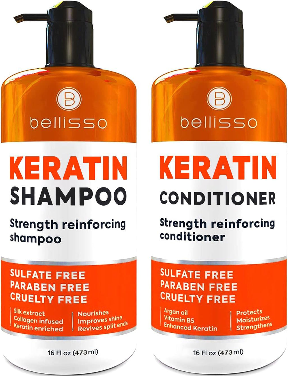Bellisso Keratina Champú en botella, cabello más fuerte y manejable.