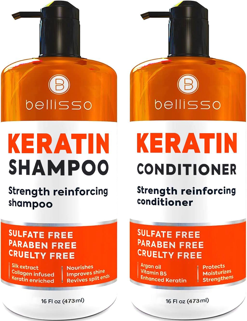Bellisso Keratina Champú en botella, cabello más fuerte y manejable.