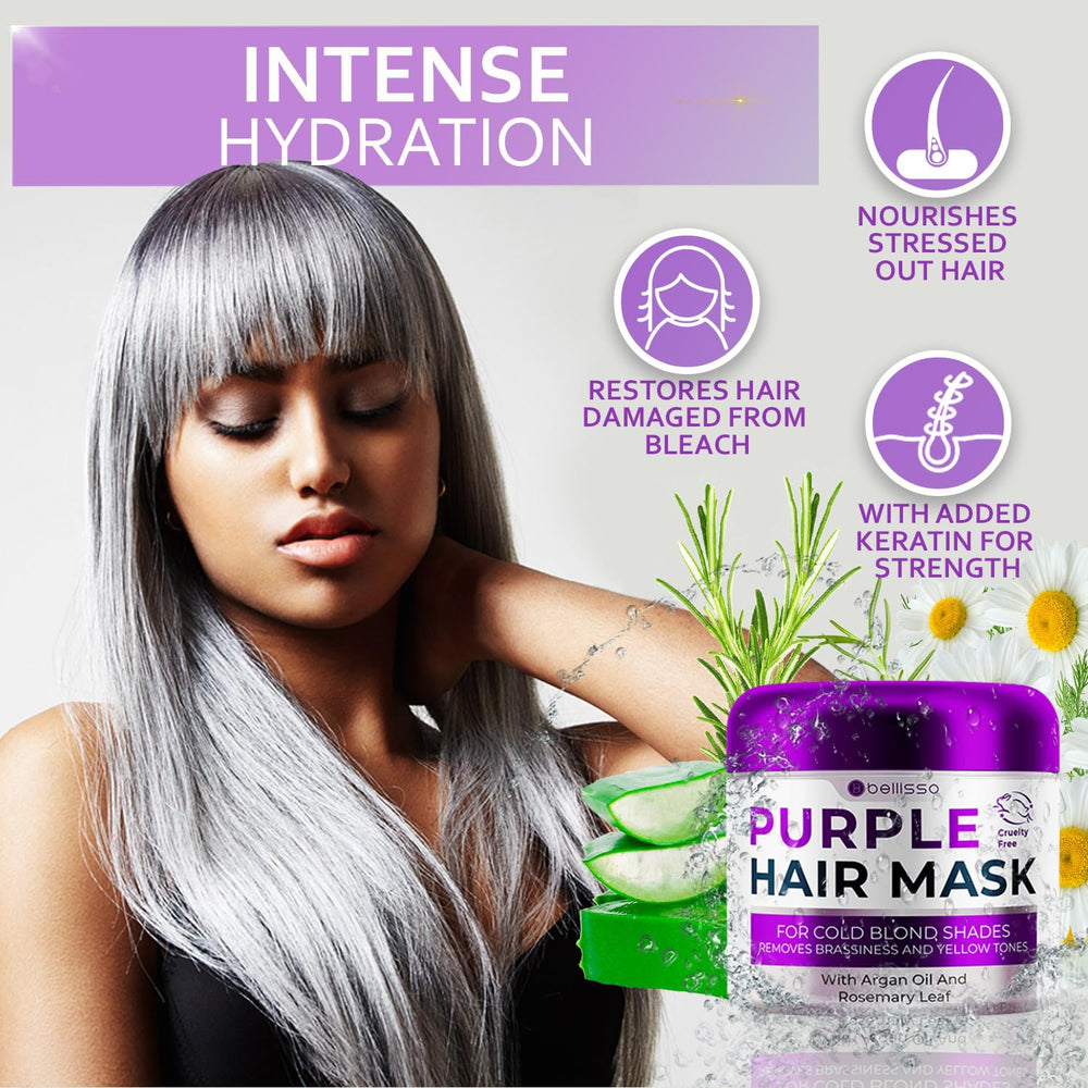 Bellisso mascarilla morada con extractos botánicos potencia suavidad y color natural.
