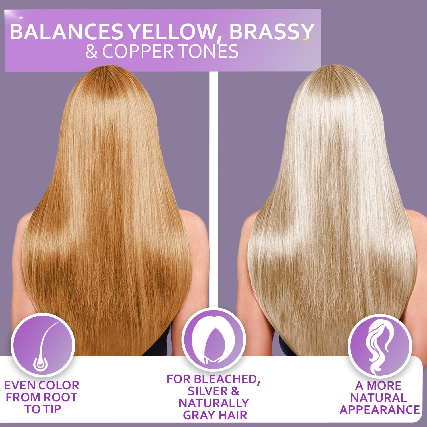 Bellisso mascarilla morada para cabello rubio, tono equilibrado y brillos sutiles.