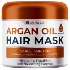 Bellisso mascarilla argan marroqui, bote, hidratación profunda para cabello seco