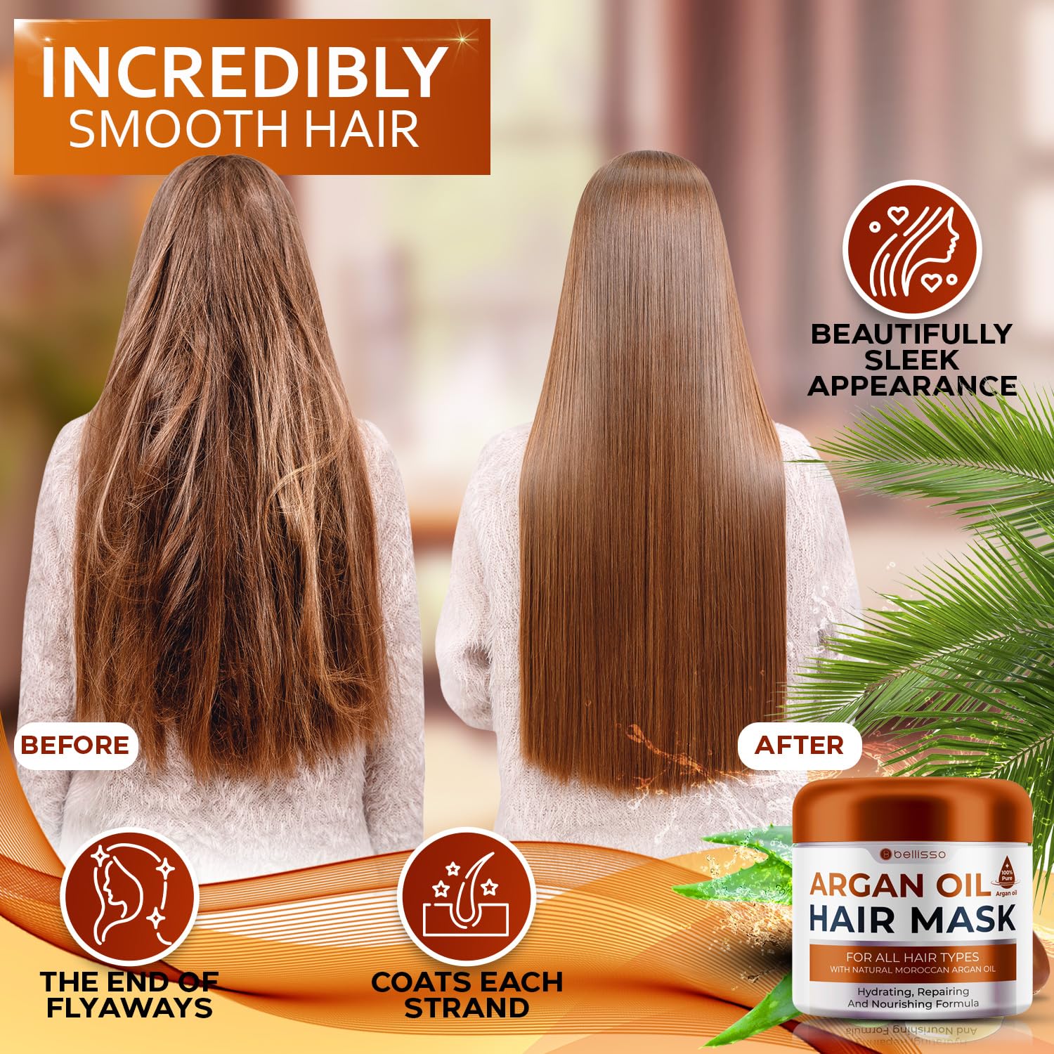 Bellisso mascarilla argan marroqui, textura cremosa facilita la aplicación y suaviza el cabello