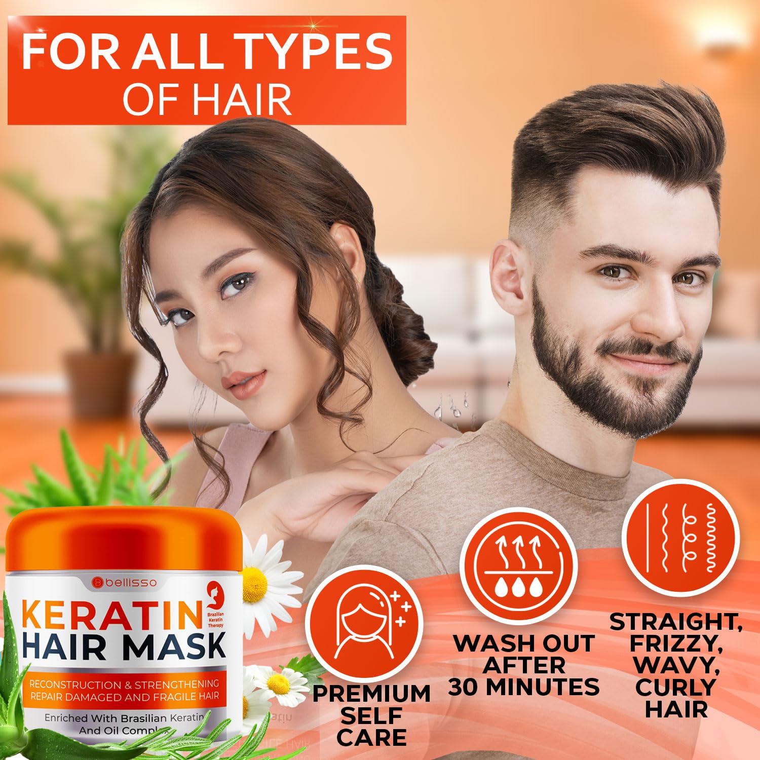 Bellisso mascarilla keratina con argán: brillo suave e hidratación duradera