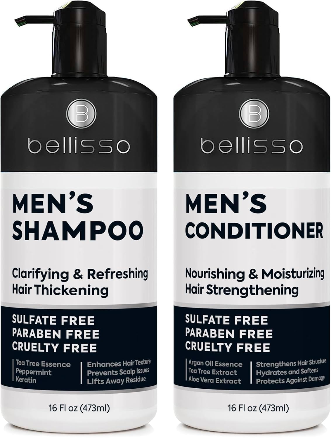 Bellisso men's shampoo bottle close-up, highlighting sulfate-free daily cleansing.