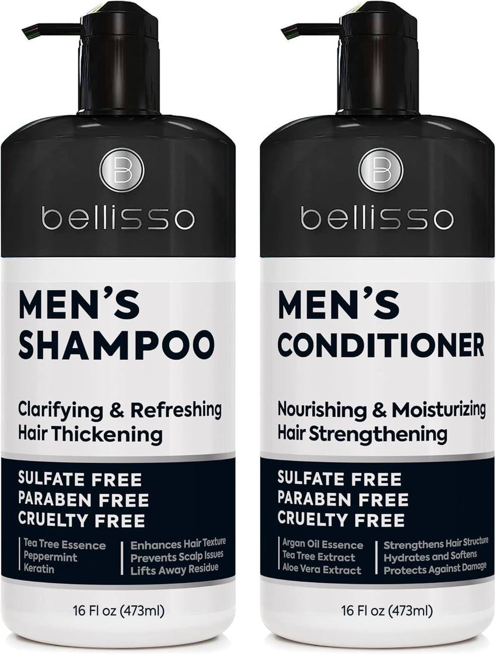Bellisso men's shampoo bottle close-up, highlighting sulfate-free daily cleansing.
