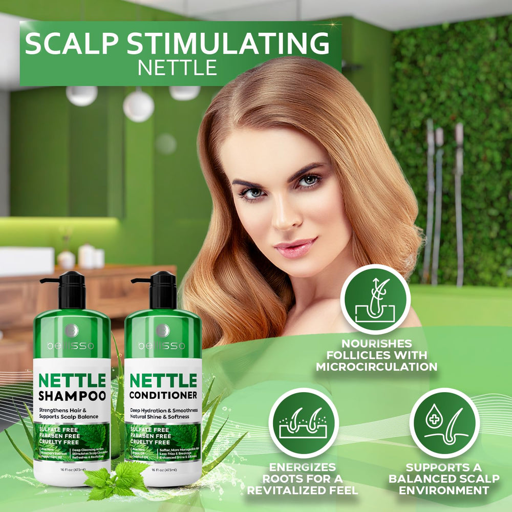 Bellisso nettle conditioner bottle highlights thickening care for hair.