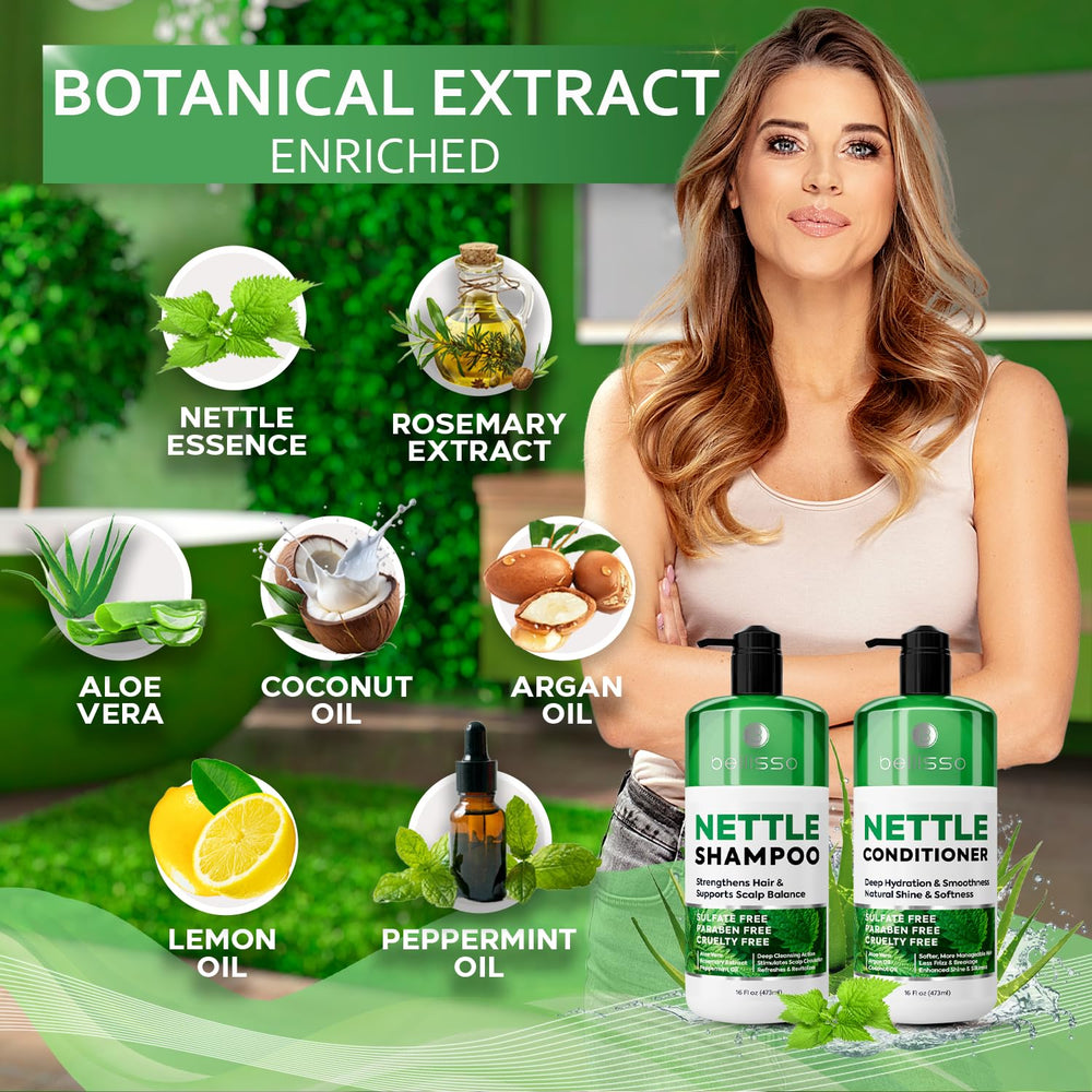 Close-up of Bellisso nettle conditioner label emphasizes color-safe care.