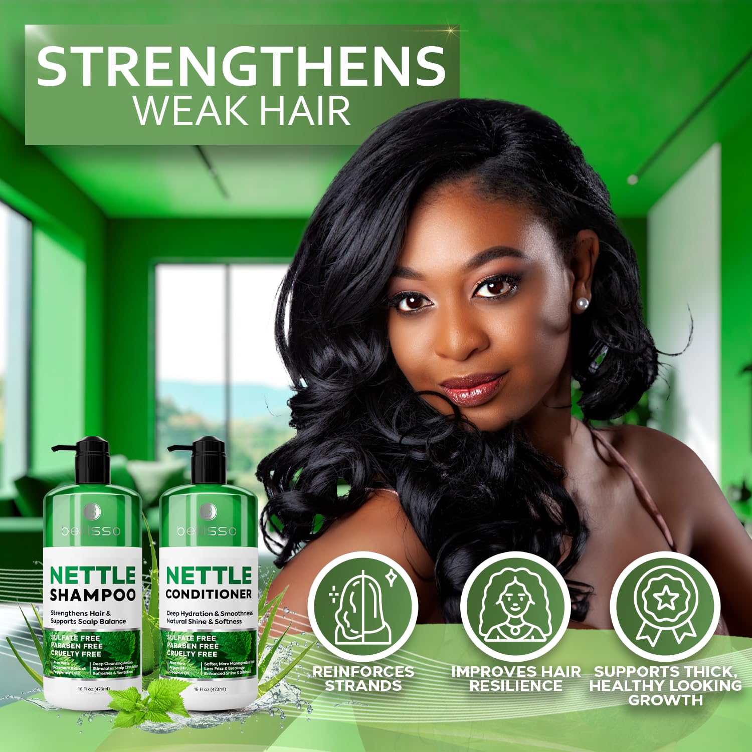 Lathering Bellisso nettle duo for a refreshing wash that supports volume.