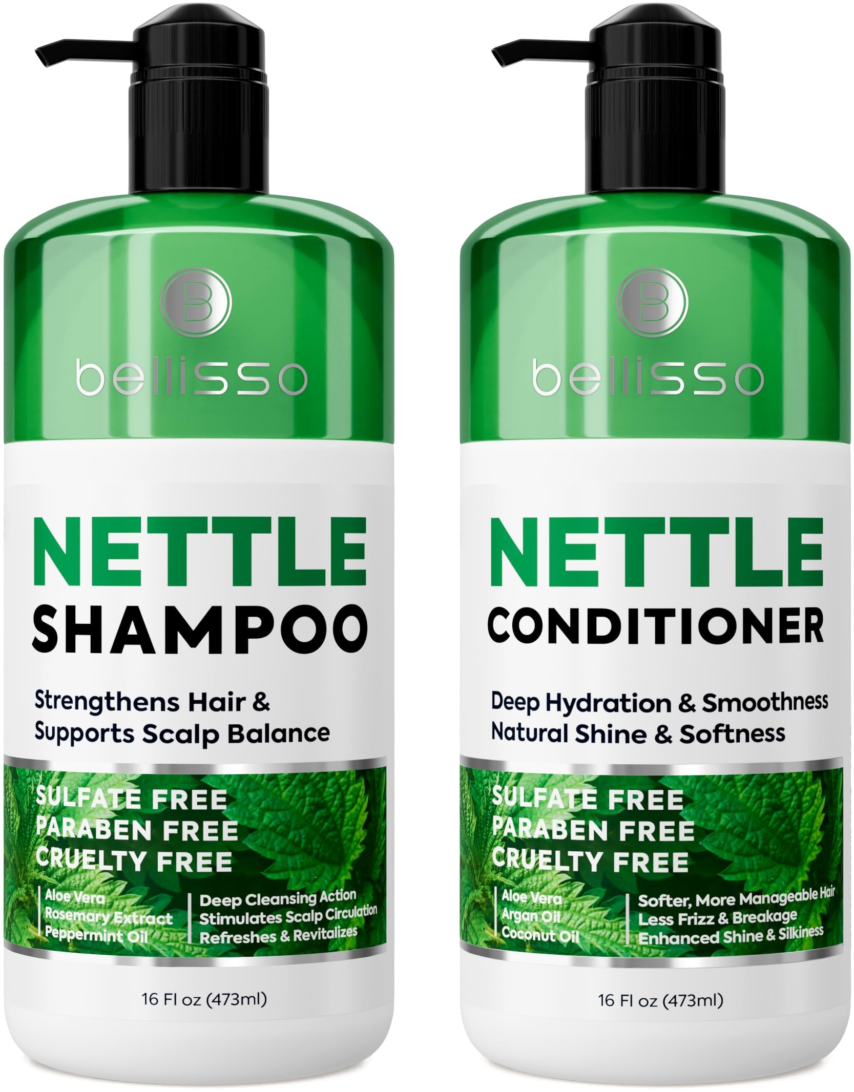 Bellisso nettle shampoo bottle promotes volume for thinning hair.